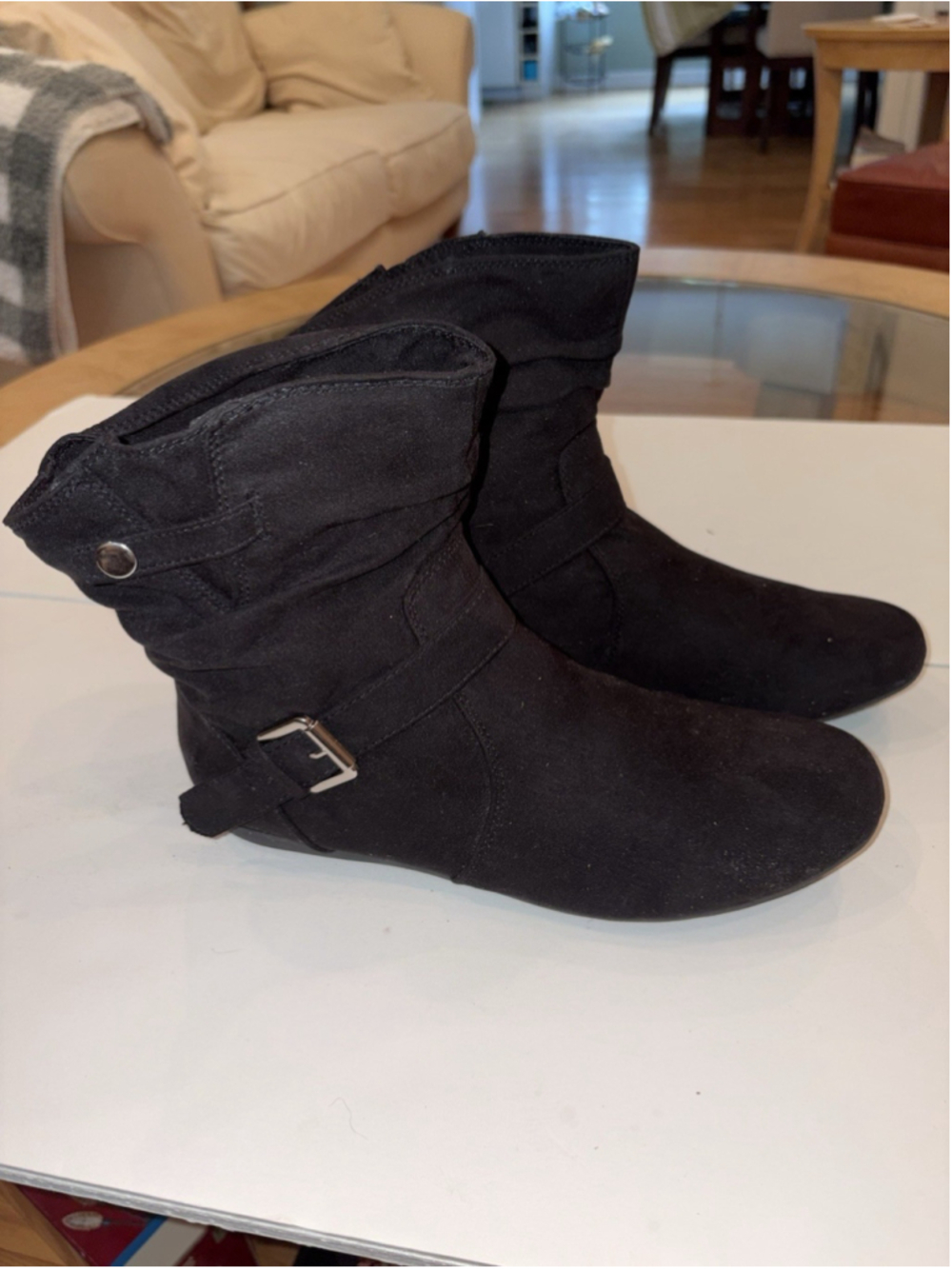BRIXEE Womens Size 9.5 M Black Faux Suede Slouch Ankle Booties Buckle Strap Flat
